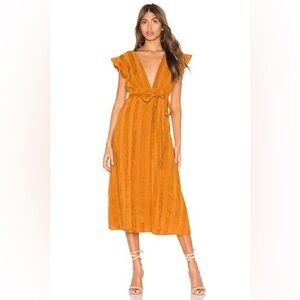 Line & Dot Brynn Deep Plunge Midi Dress in Caramel Size Small With Belt REVOLVE